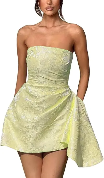 A-line Strapless Sleeveless Short Homecoming Dress Jacquard Satin Asymmetrical Lace up Party Dresses