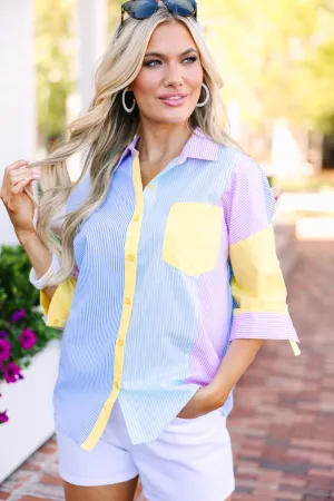 Always There Blue Colorblock Button Down Top