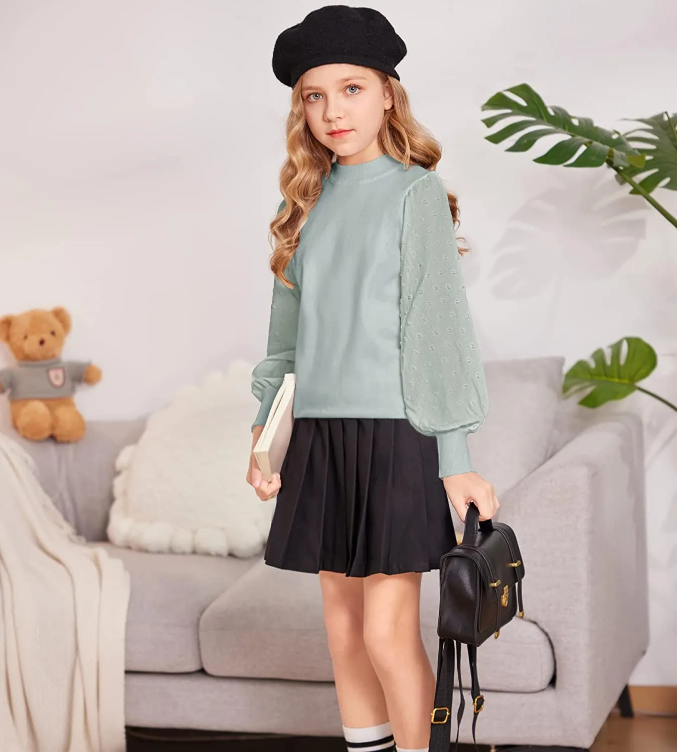 Arshiner Girls Puff Long Sleeve Sweaters Lace Polka Dot Knit Tops