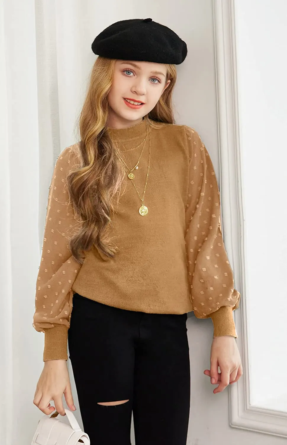 Arshiner Girls Puff Long Sleeve Sweaters Lace Polka Dot Knit Tops