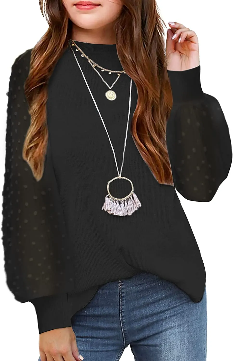 Arshiner Girls Puff Long Sleeve Sweaters Lace Polka Dot Knit Tops