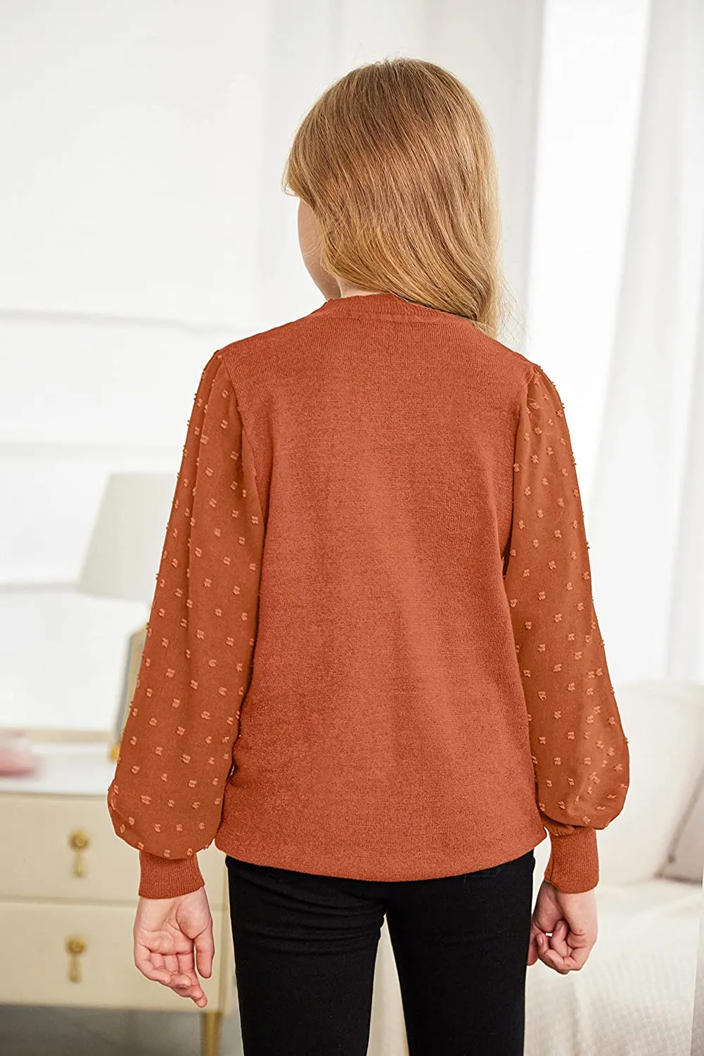 Arshiner Girls Puff Long Sleeve Sweaters Lace Polka Dot Knit Tops