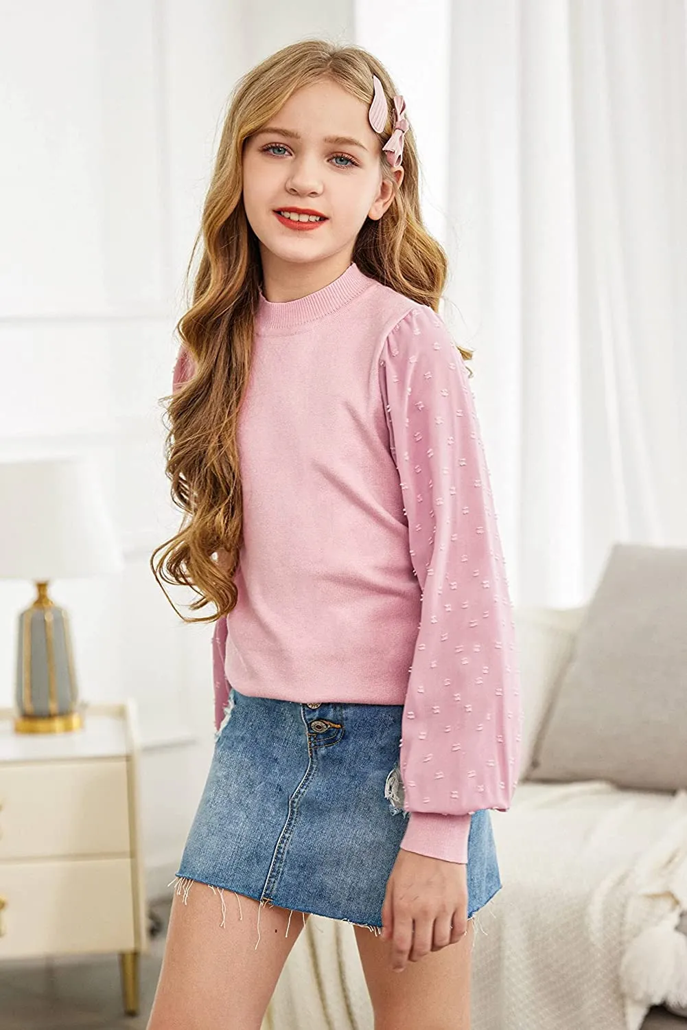 Arshiner Girls Puff Long Sleeve Sweaters Lace Polka Dot Knit Tops