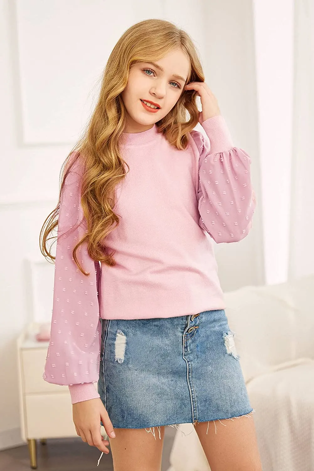 Arshiner Girls Puff Long Sleeve Sweaters Lace Polka Dot Knit Tops