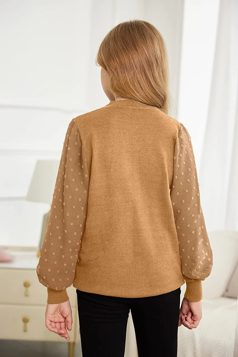 Arshiner Girls Puff Long Sleeve Sweaters Lace Polka Dot Knit Tops
