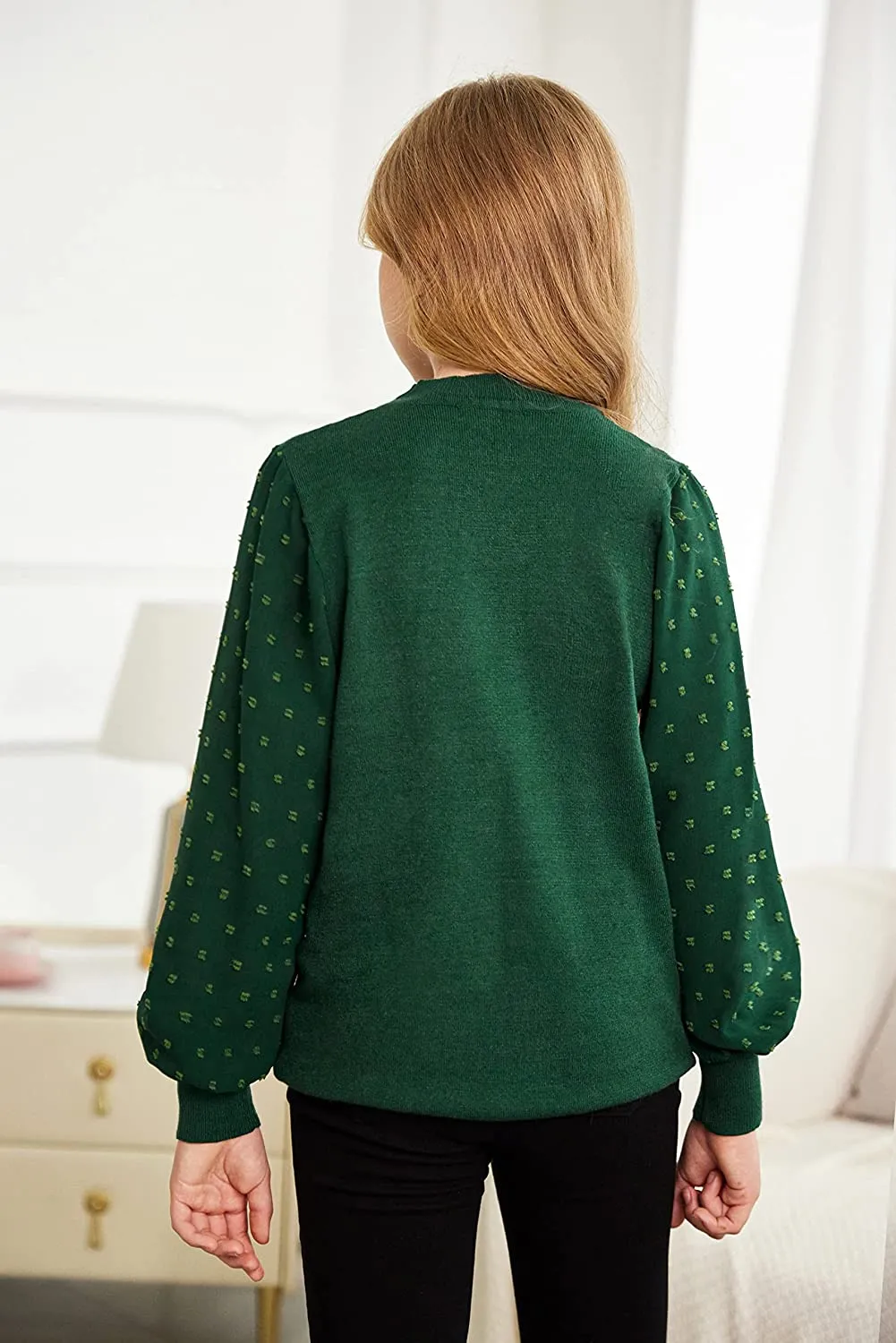 Arshiner Girls Puff Long Sleeve Sweaters Lace Polka Dot Knit Tops