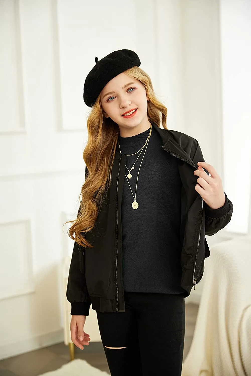 Arshiner Girls Puff Long Sleeve Sweaters Lace Polka Dot Knit Tops