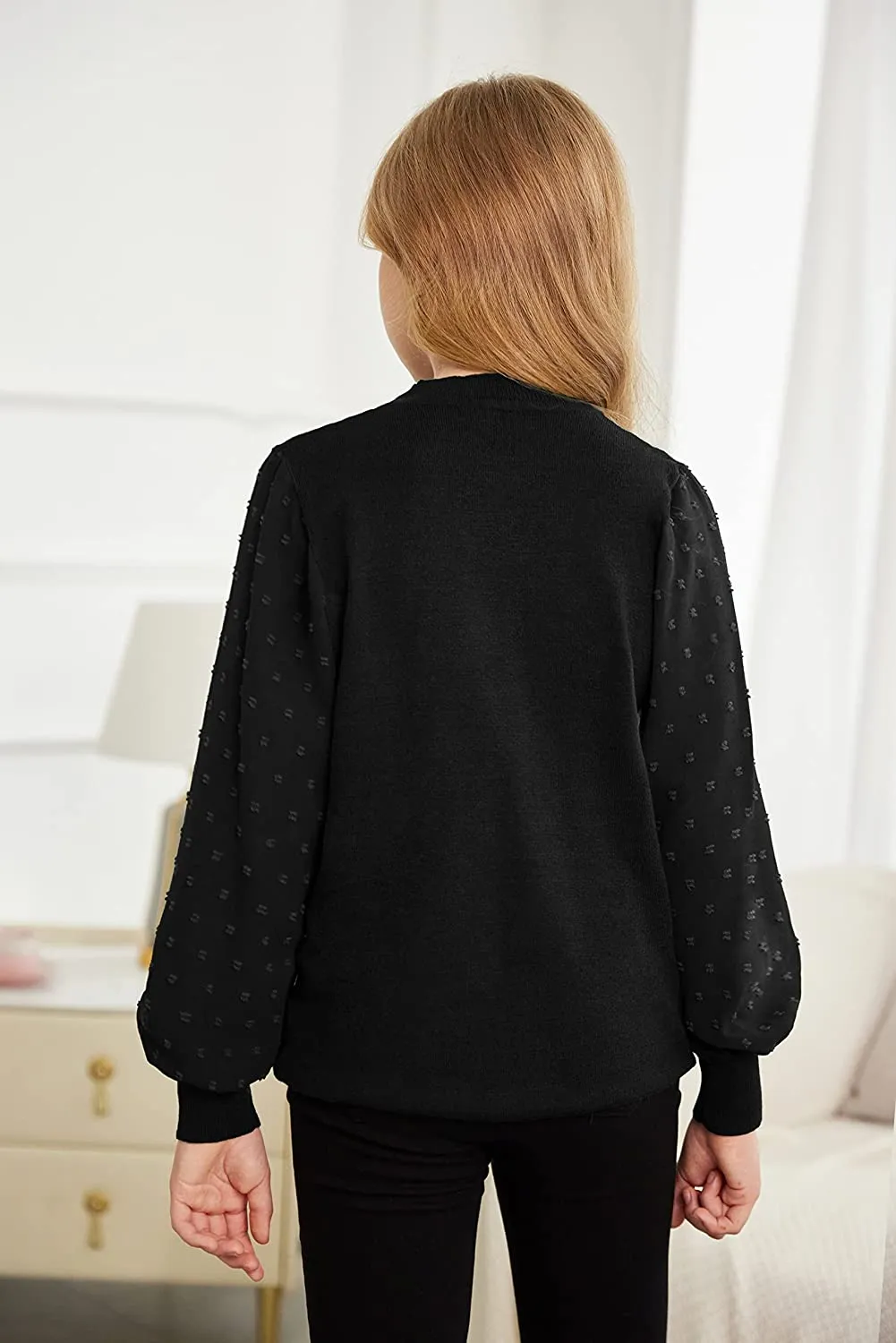 Arshiner Girls Puff Long Sleeve Sweaters Lace Polka Dot Knit Tops