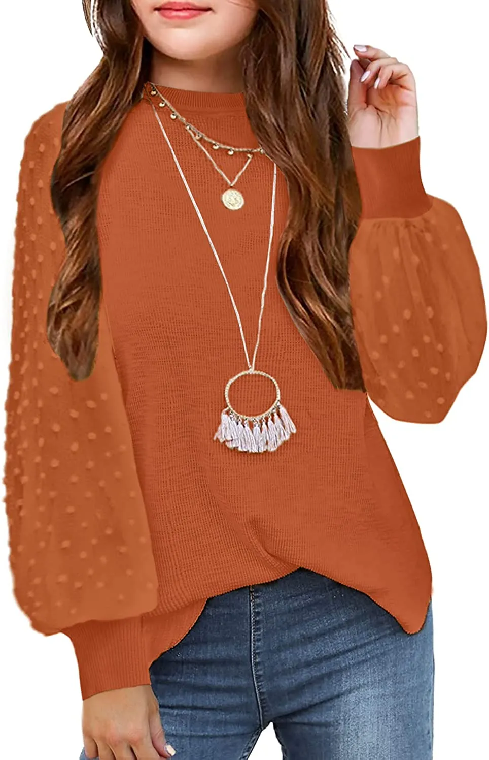 Arshiner Girls Puff Long Sleeve Sweaters Lace Polka Dot Knit Tops