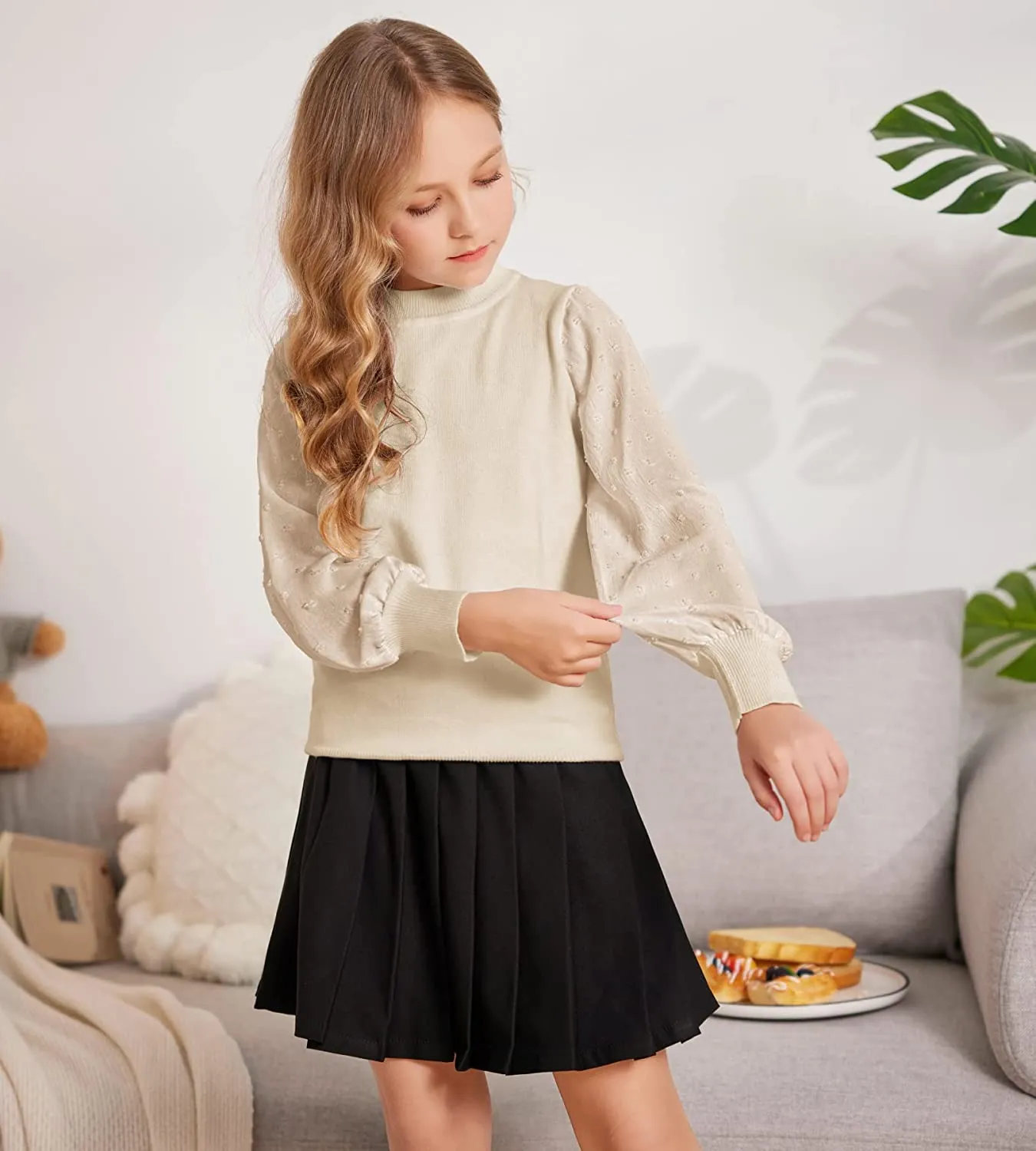 Arshiner Girls Puff Long Sleeve Sweaters Lace Polka Dot Knit Tops