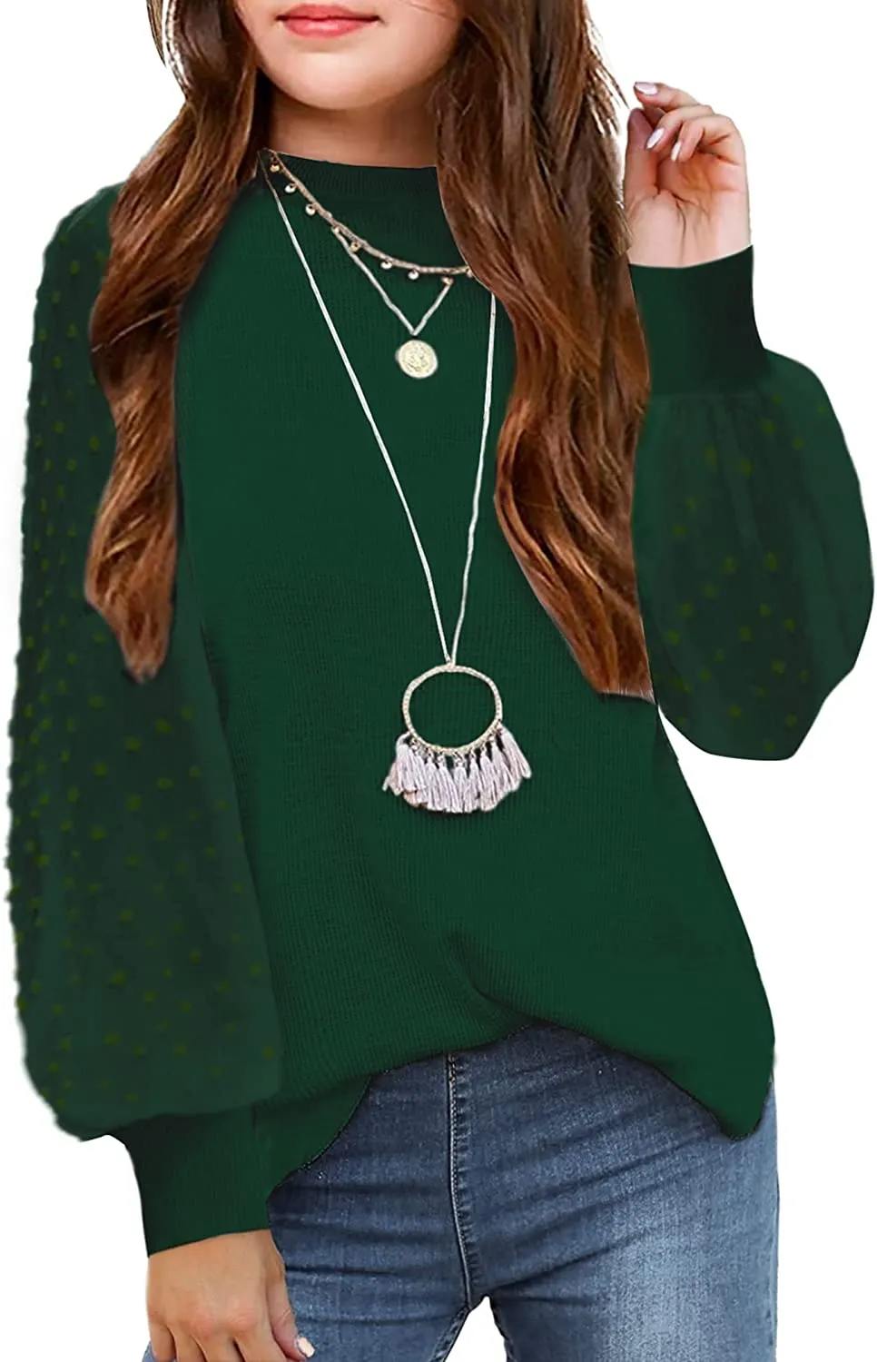 Arshiner Girls Puff Long Sleeve Sweaters Lace Polka Dot Knit Tops
