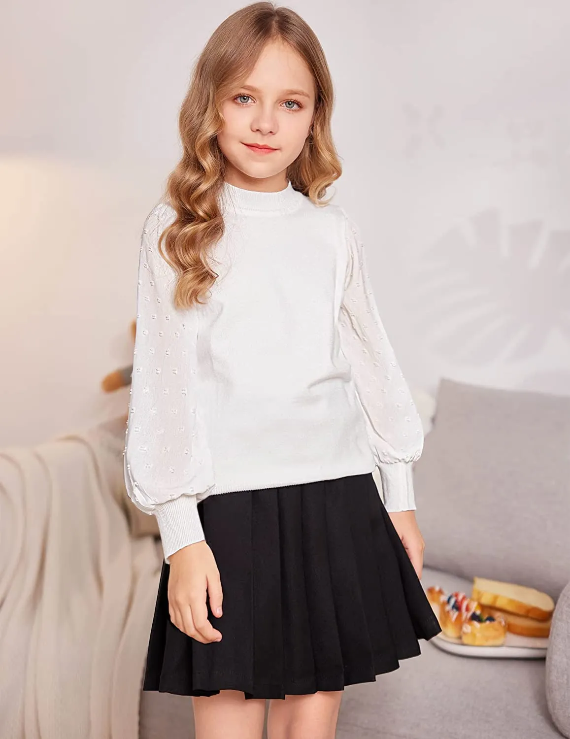 Arshiner Girls Puff Long Sleeve Sweaters Lace Polka Dot Knit Tops