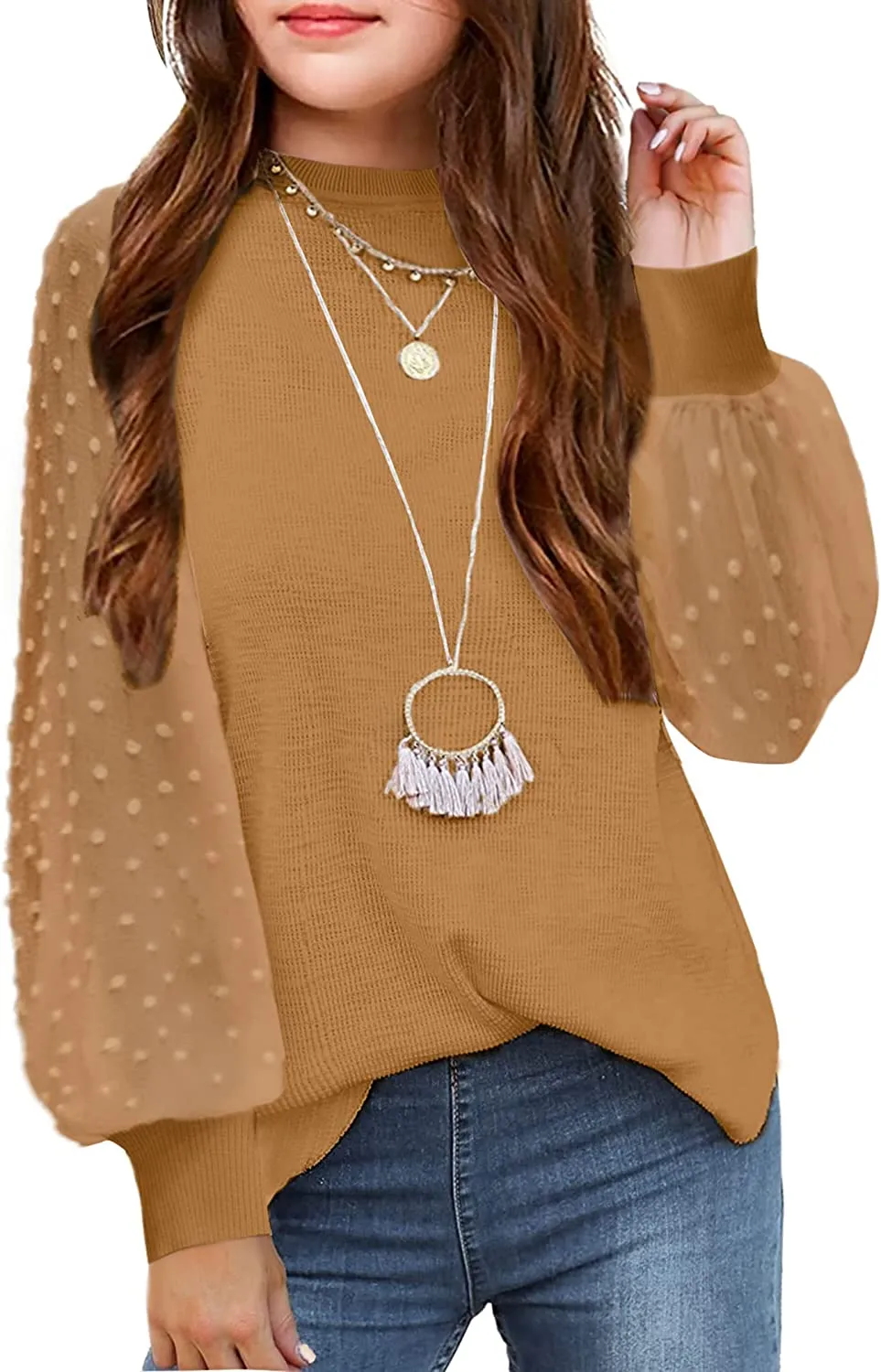 Arshiner Girls Puff Long Sleeve Sweaters Lace Polka Dot Knit Tops