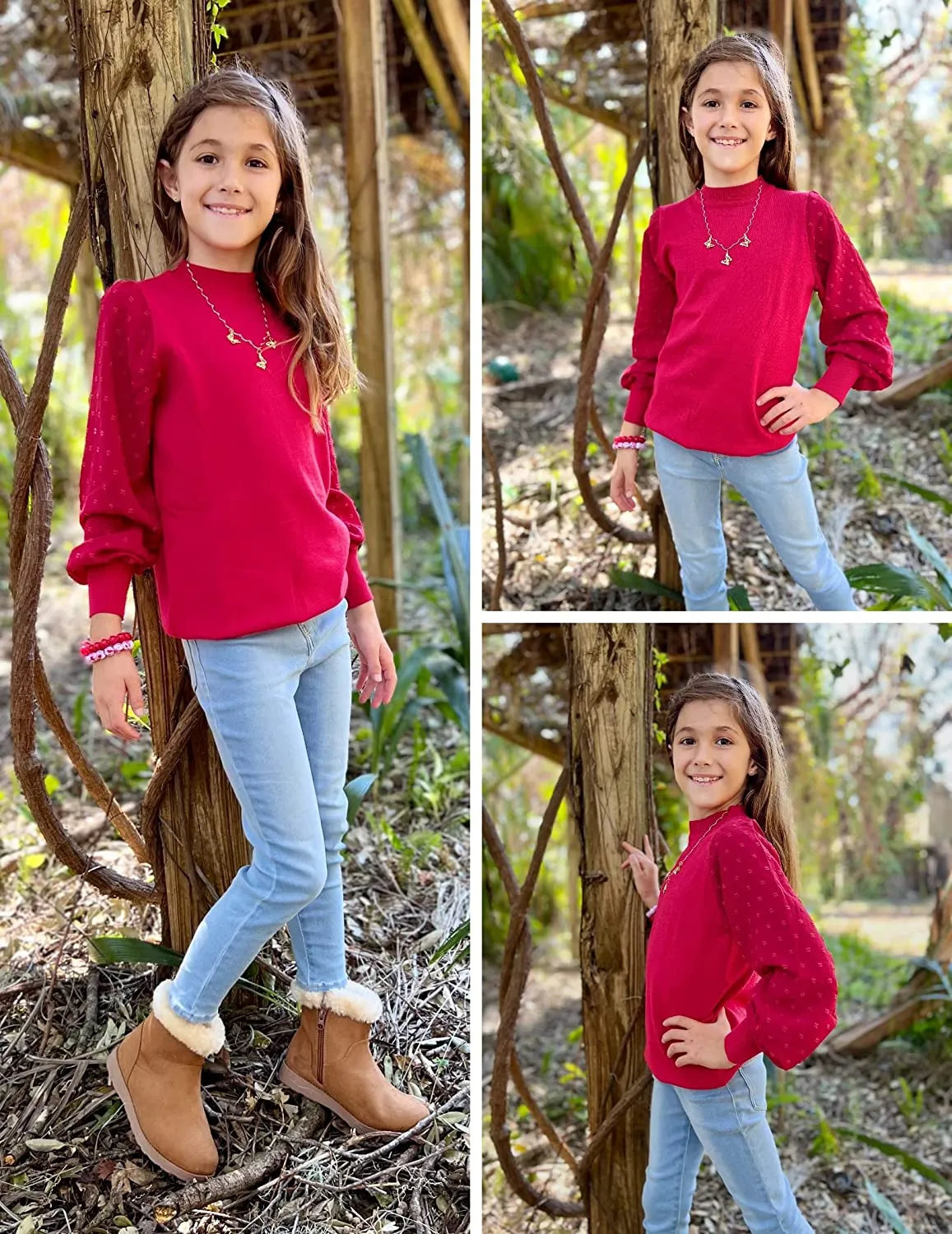 Arshiner Girls Puff Long Sleeve Sweaters Lace Polka Dot Knit Tops