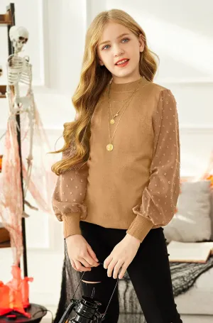 Arshiner Girls Puff Long Sleeve Sweaters Lace Polka Dot Knit Tops
