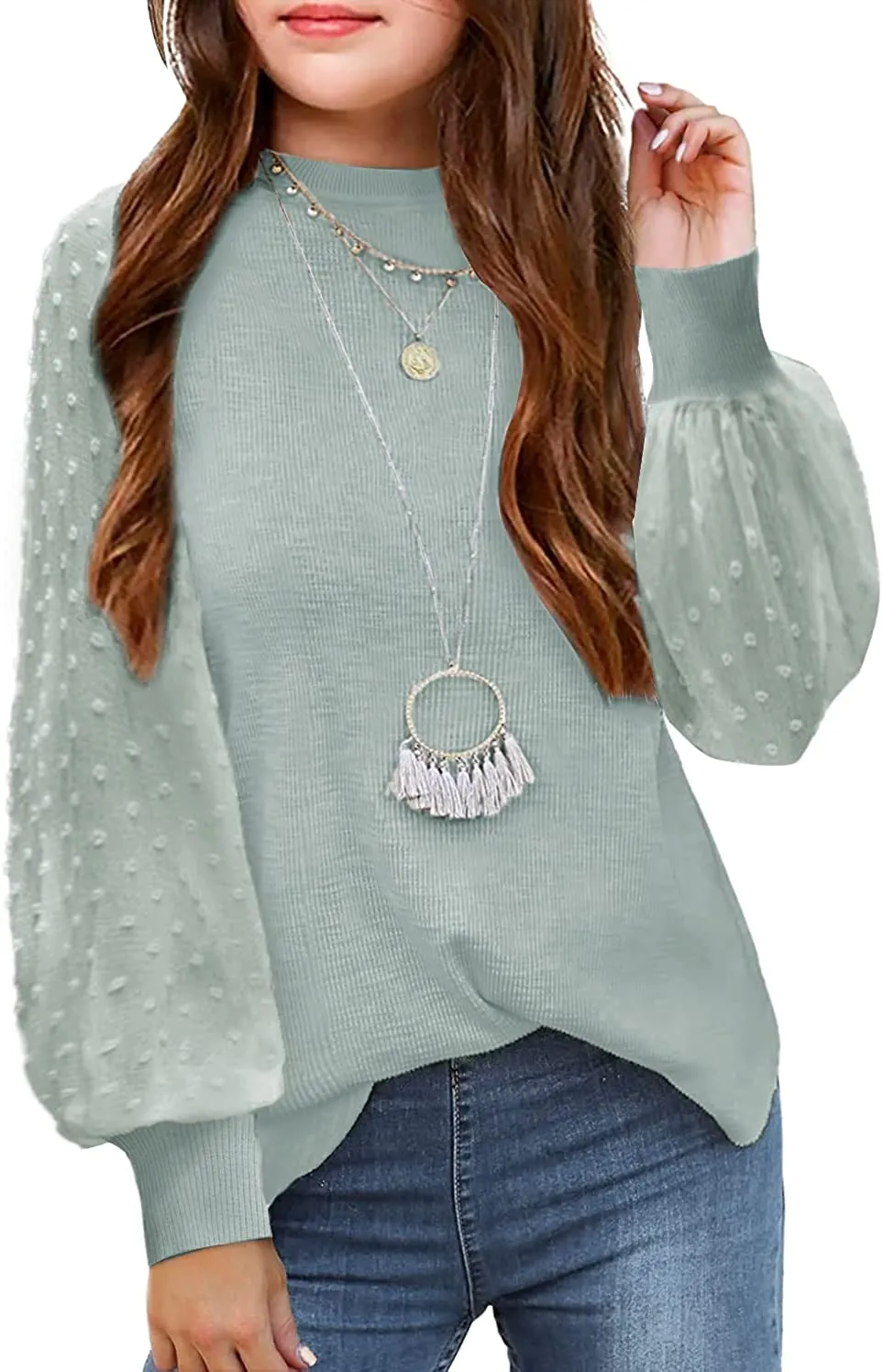 Arshiner Girls Puff Long Sleeve Sweaters Lace Polka Dot Knit Tops