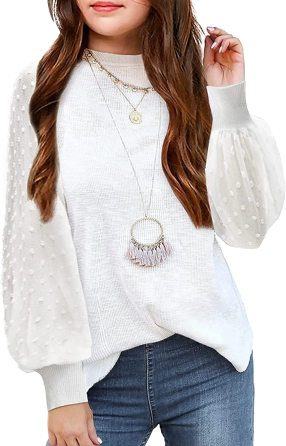 Arshiner Girls Puff Long Sleeve Sweaters Lace Polka Dot Knit Tops