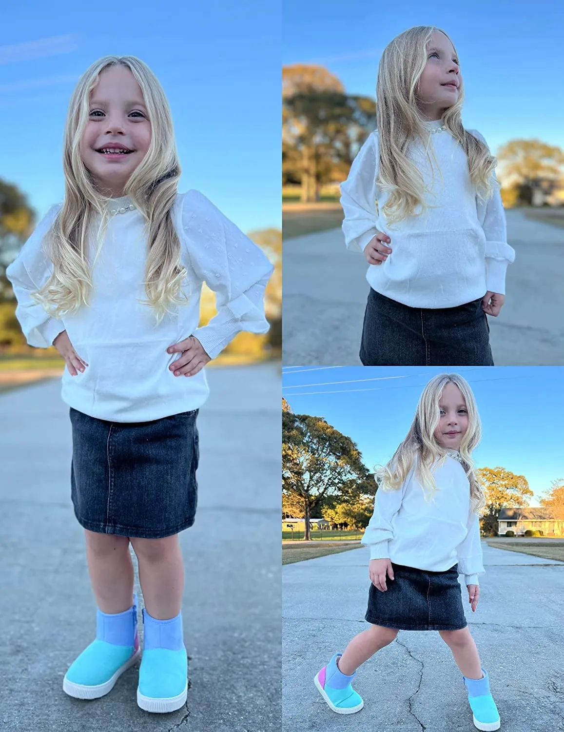 Arshiner Girls Puff Long Sleeve Sweaters Lace Polka Dot Knit Tops