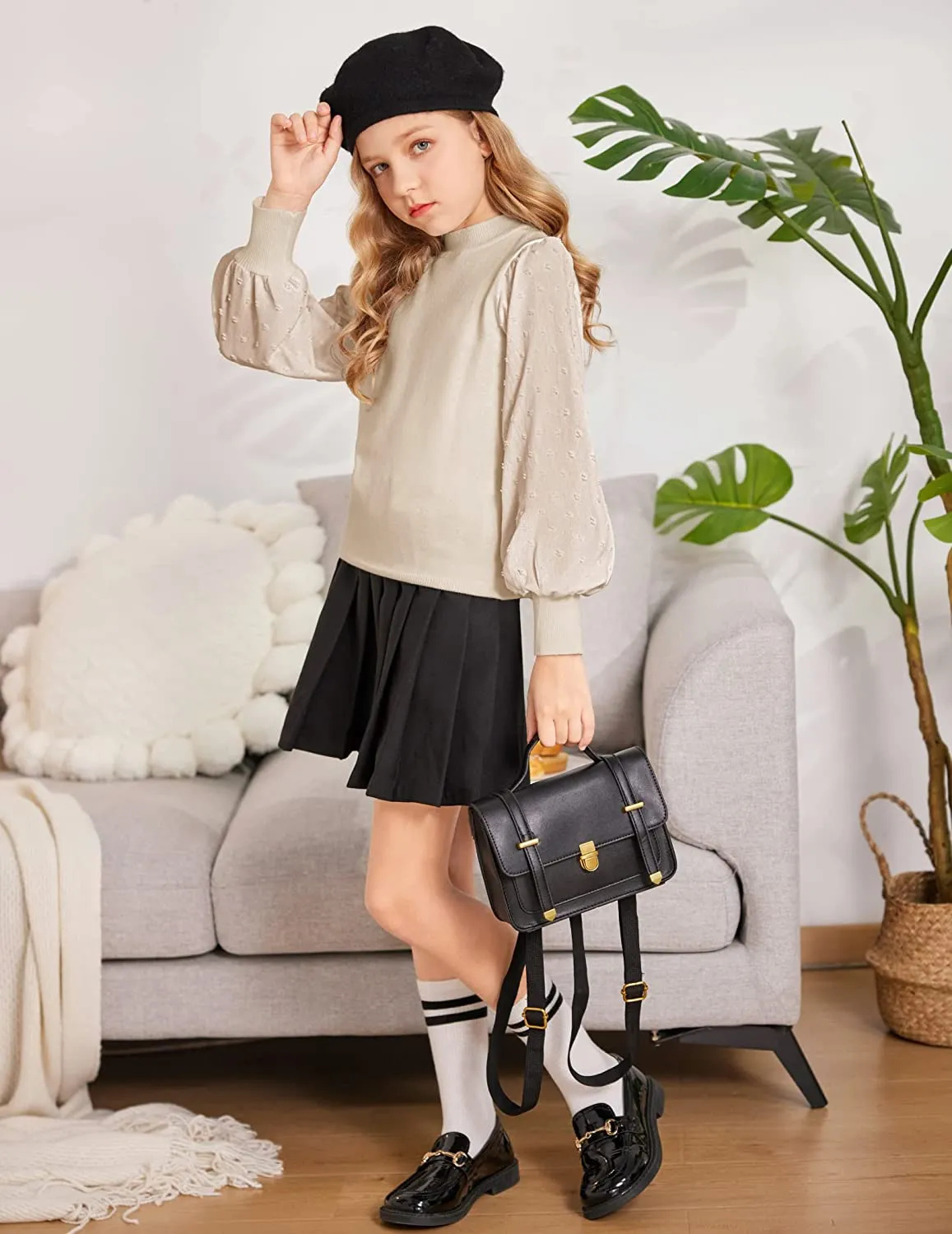 Arshiner Girls Puff Long Sleeve Sweaters Lace Polka Dot Knit Tops