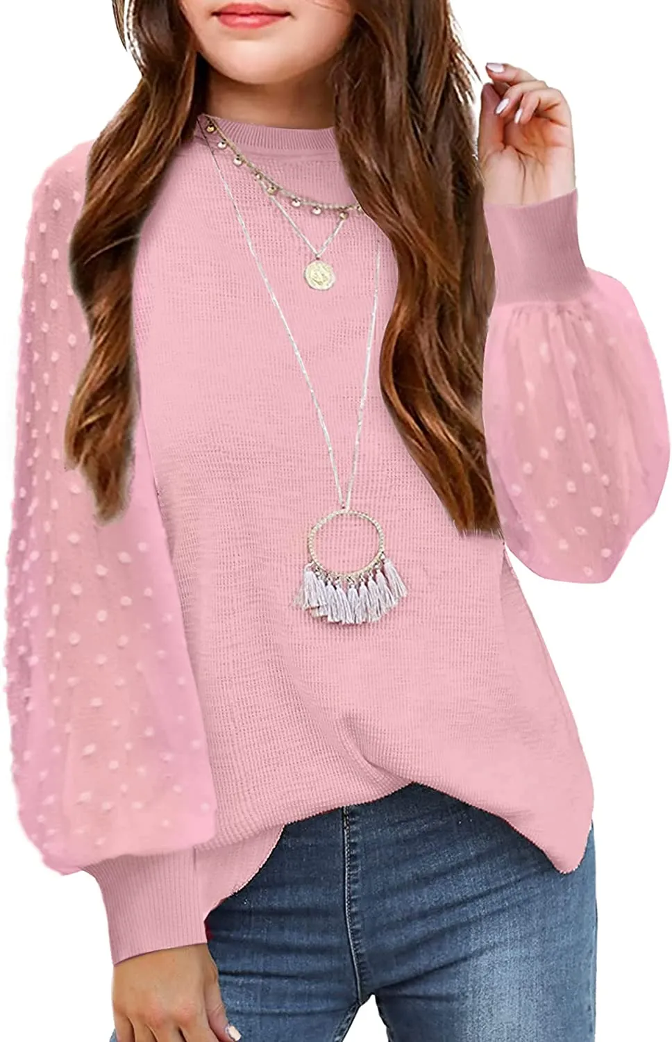 Arshiner Girls Puff Long Sleeve Sweaters Lace Polka Dot Knit Tops