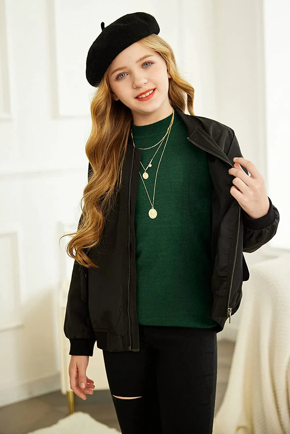 Arshiner Girls Puff Long Sleeve Sweaters Lace Polka Dot Knit Tops
