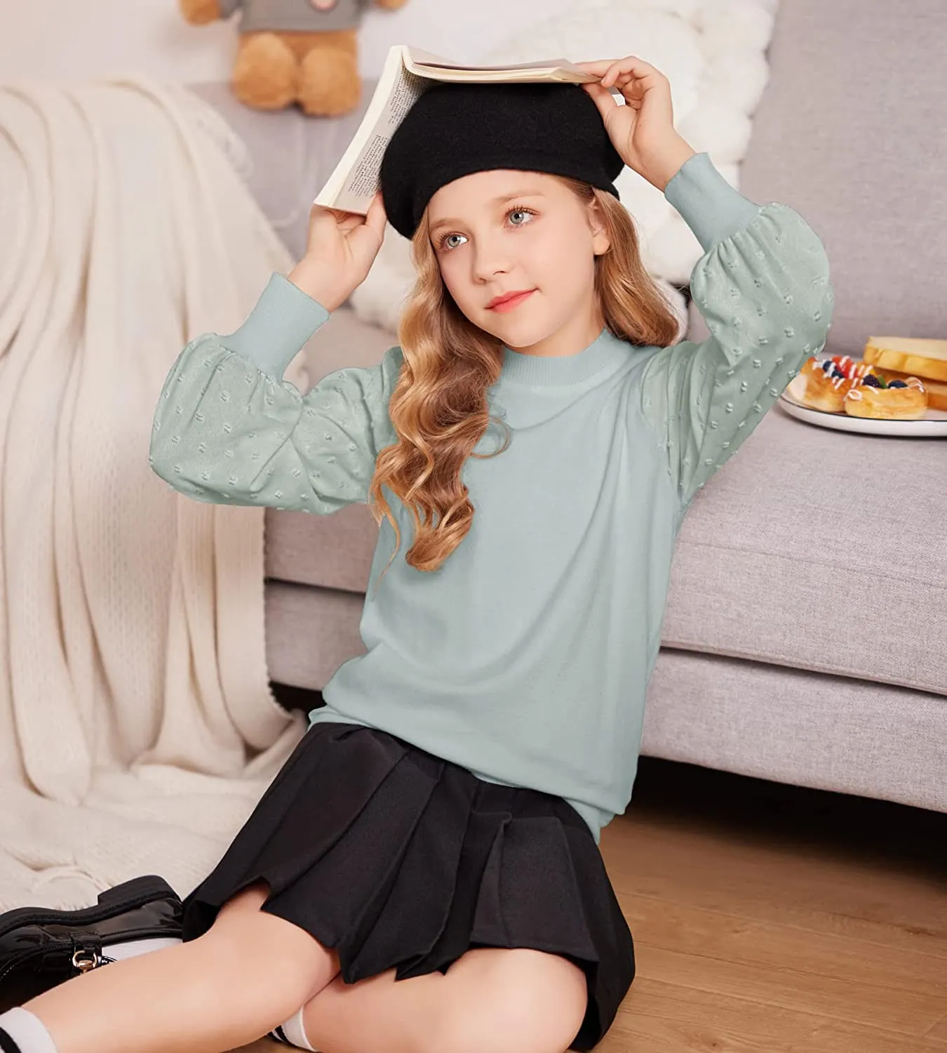Arshiner Girls Puff Long Sleeve Sweaters Lace Polka Dot Knit Tops