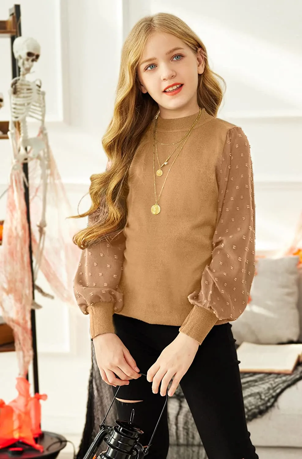 Arshiner Girls Puff Long Sleeve Sweaters Lace Polka Dot Knit Tops