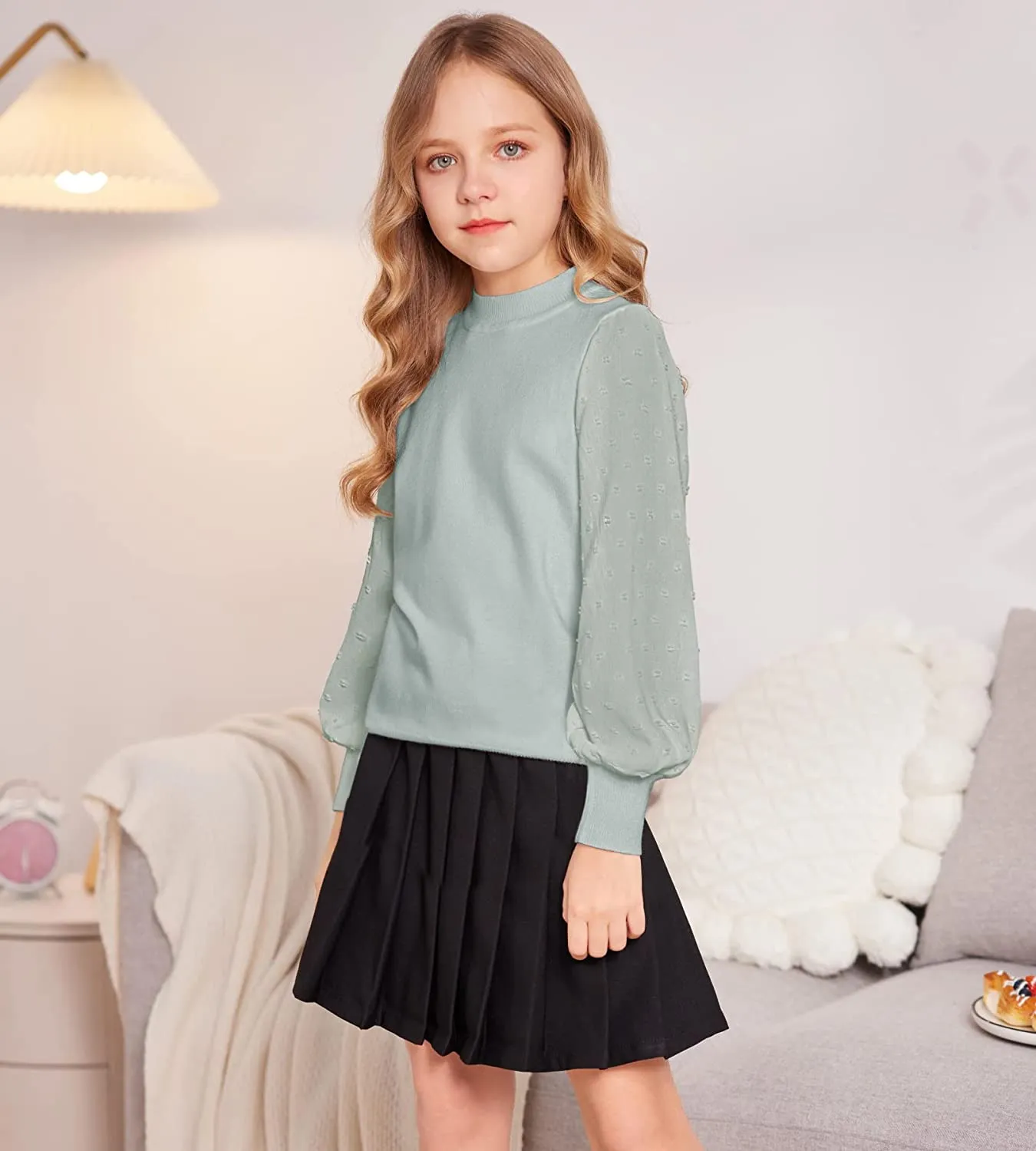 Arshiner Girls Puff Long Sleeve Sweaters Lace Polka Dot Knit Tops