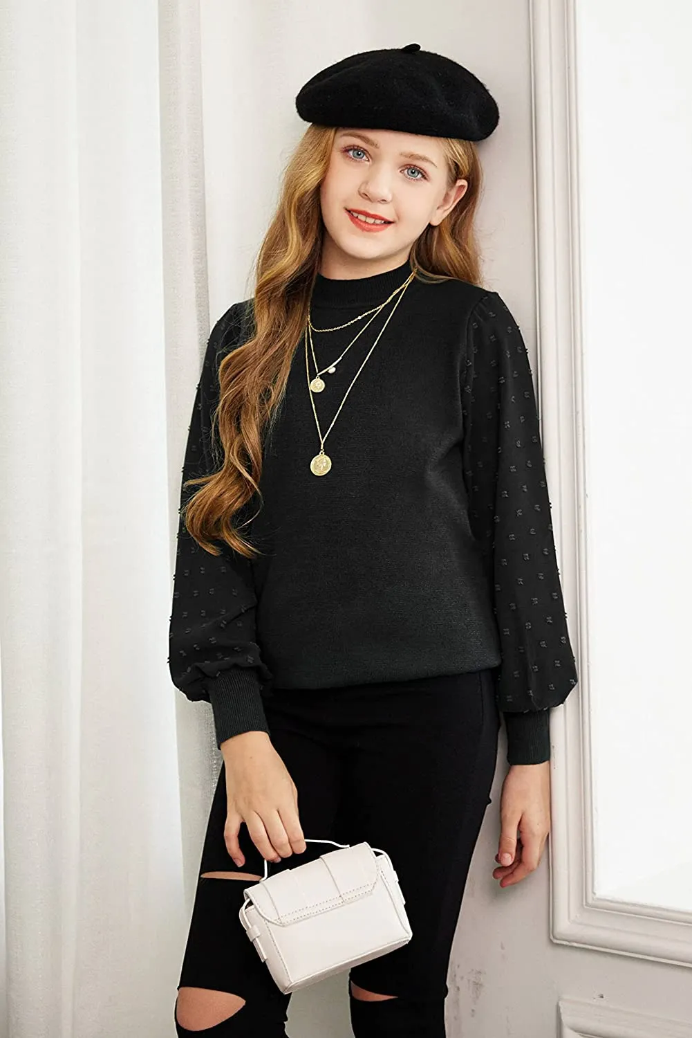 Arshiner Girls Puff Long Sleeve Sweaters Lace Polka Dot Knit Tops