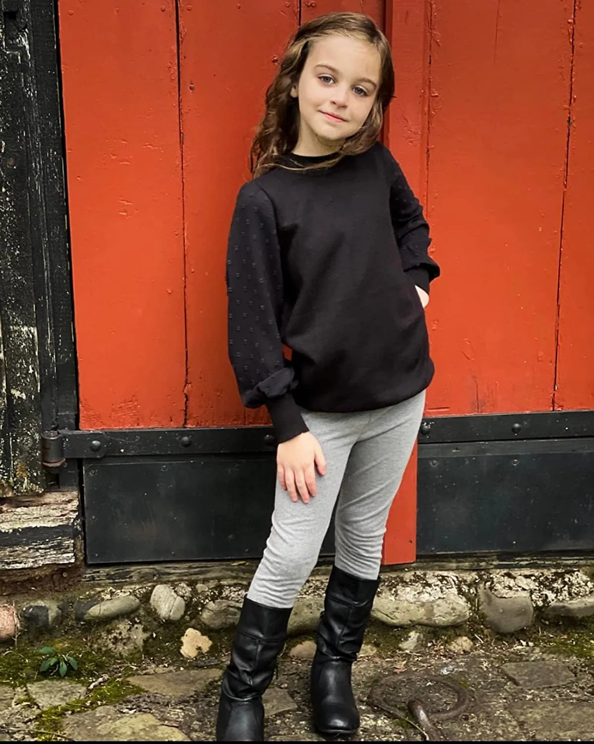 Arshiner Girls Puff Long Sleeve Sweaters Lace Polka Dot Knit Tops