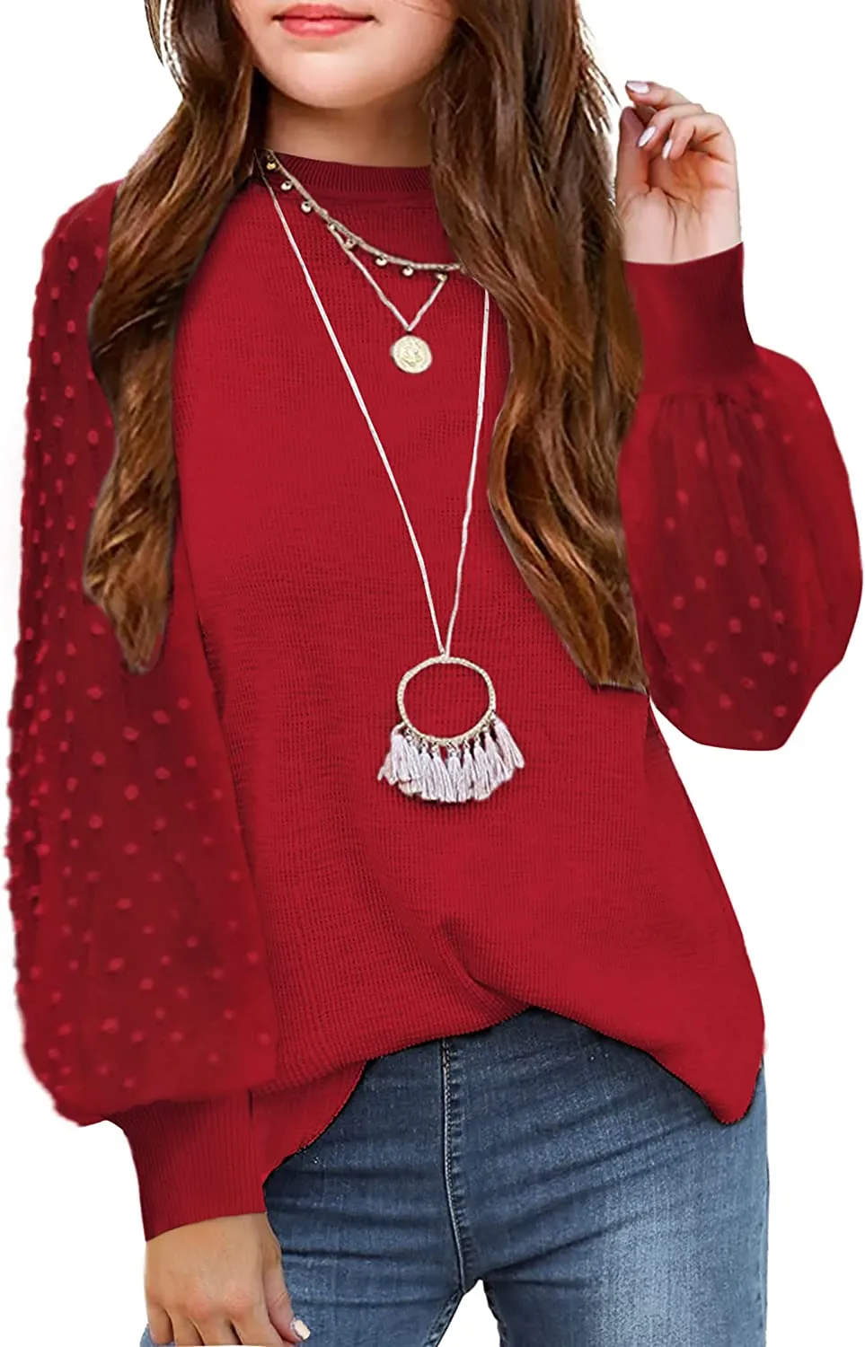 Arshiner Girls Puff Long Sleeve Sweaters Lace Polka Dot Knit Tops