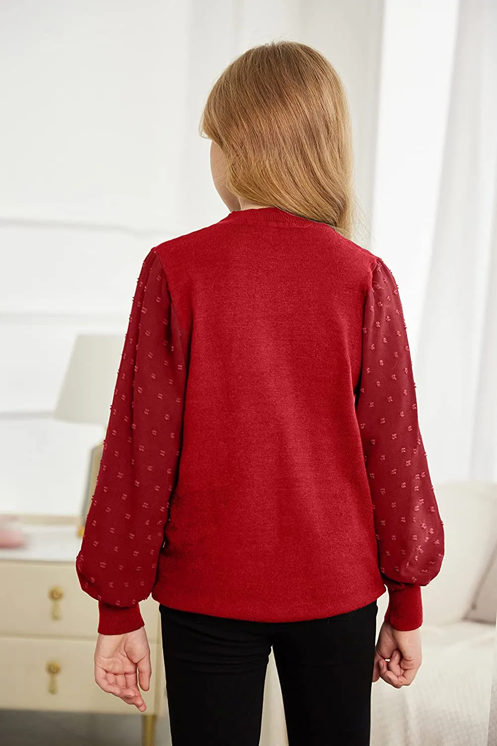 Arshiner Girls Puff Long Sleeve Sweaters Lace Polka Dot Knit Tops