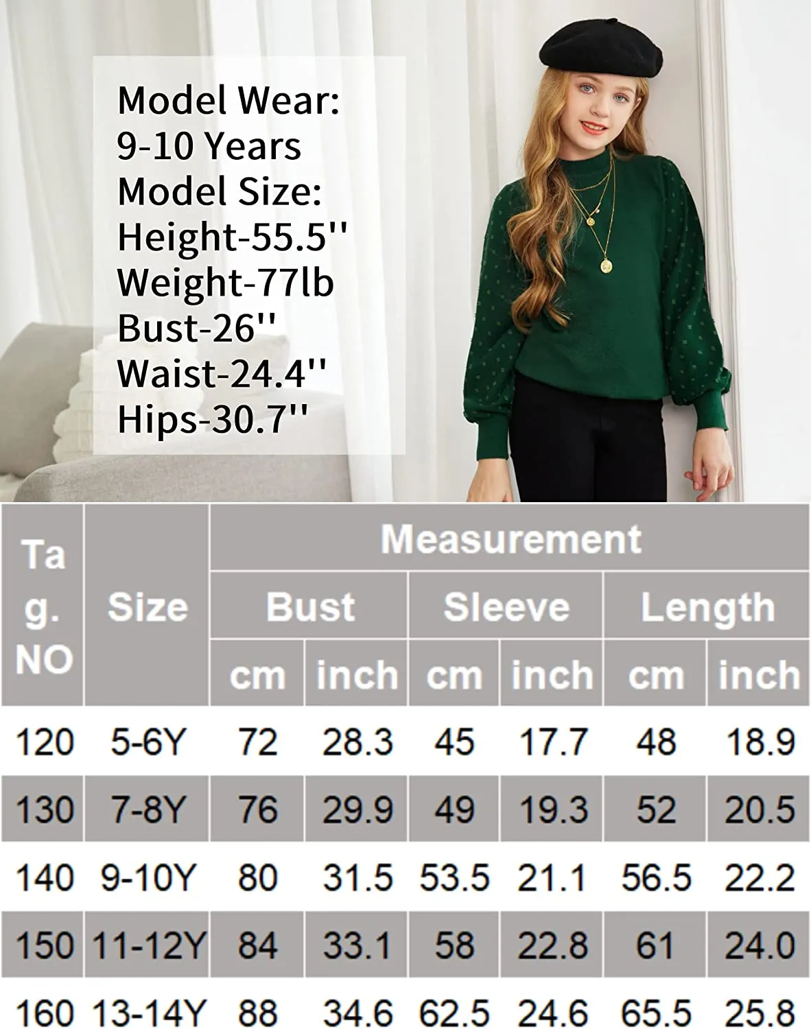 Arshiner Girls Puff Long Sleeve Sweaters Lace Polka Dot Knit Tops