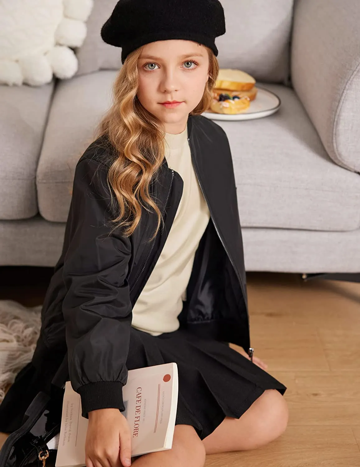Arshiner Girls Puff Long Sleeve Sweaters Lace Polka Dot Knit Tops
