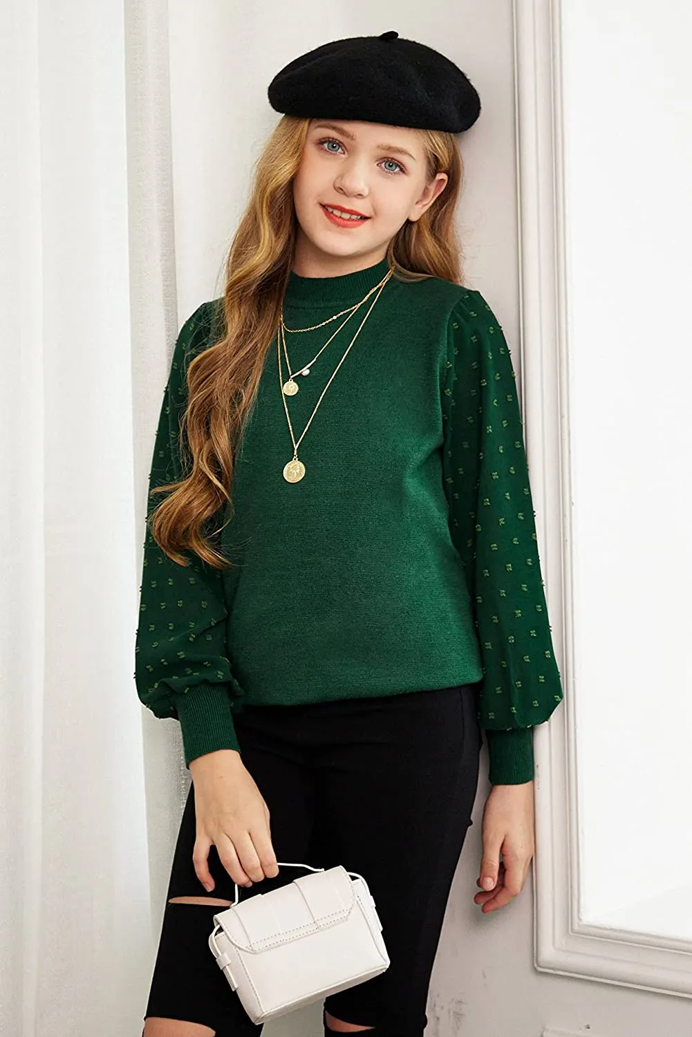 Arshiner Girls Puff Long Sleeve Sweaters Lace Polka Dot Knit Tops