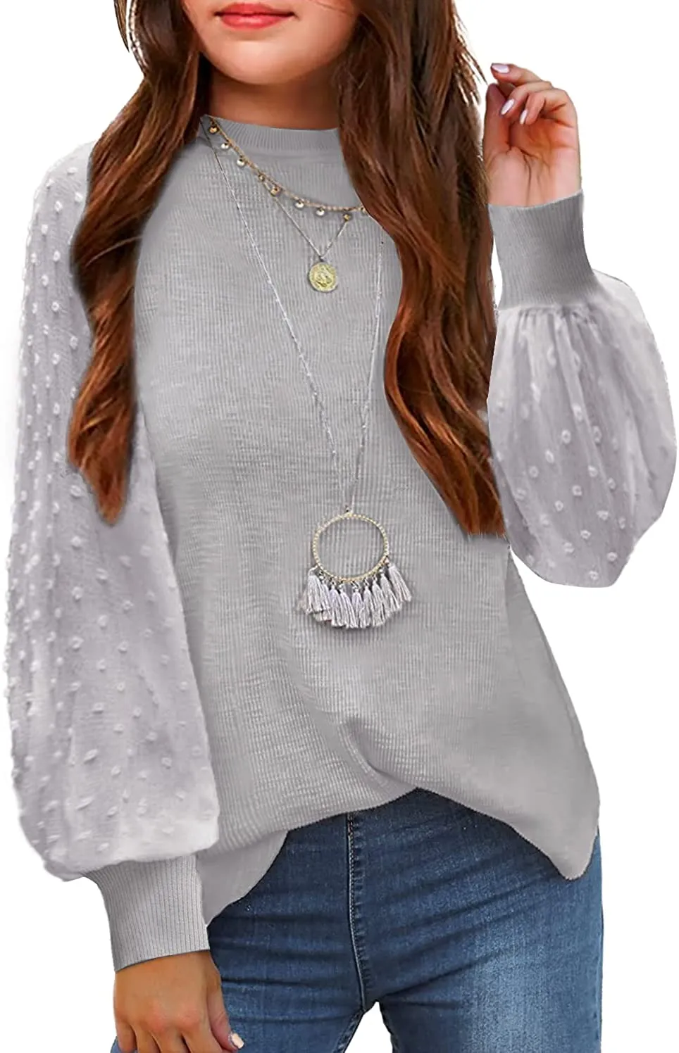 Arshiner Girls Puff Long Sleeve Sweaters Lace Polka Dot Knit Tops