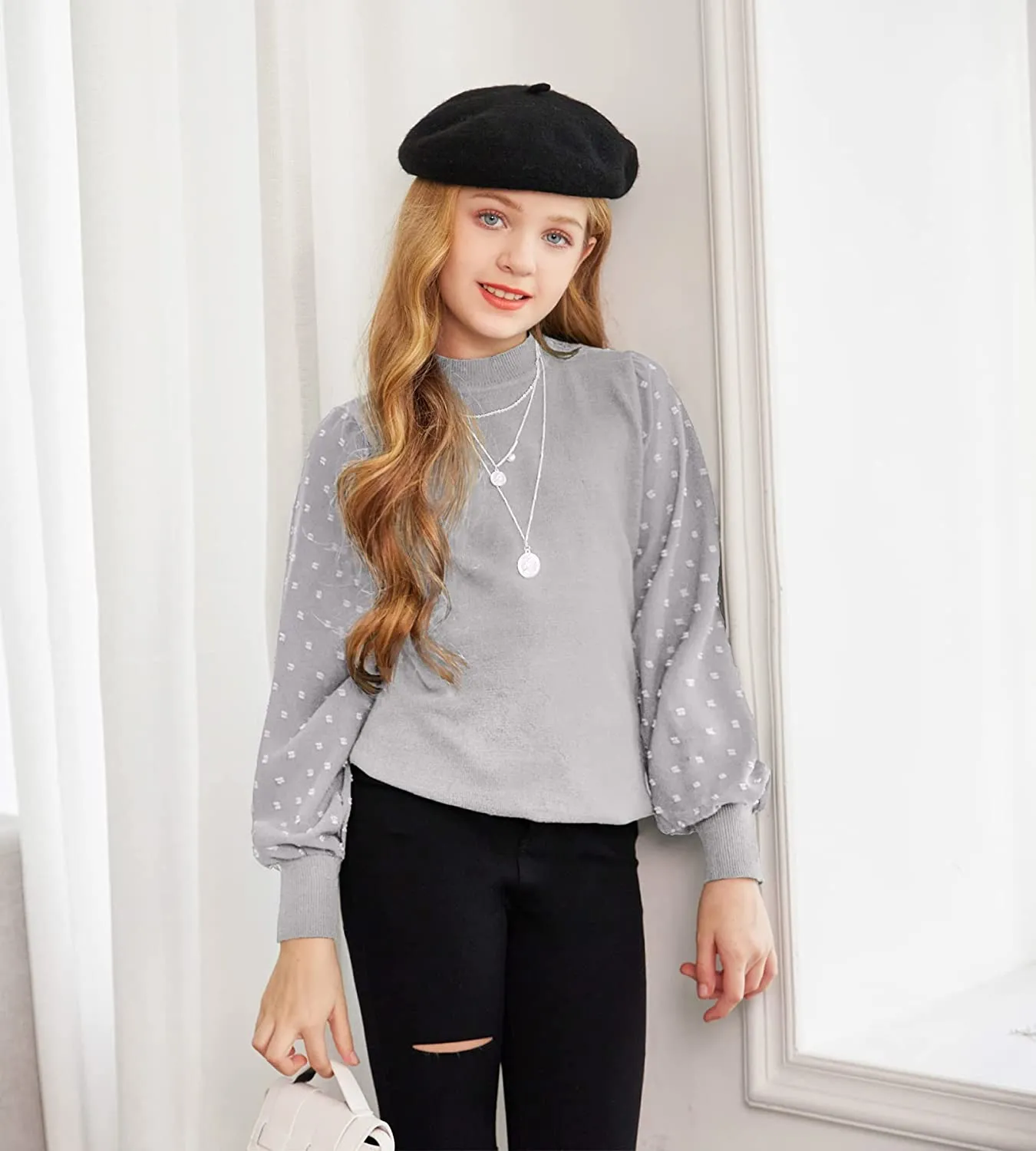 Arshiner Girls Puff Long Sleeve Sweaters Lace Polka Dot Knit Tops