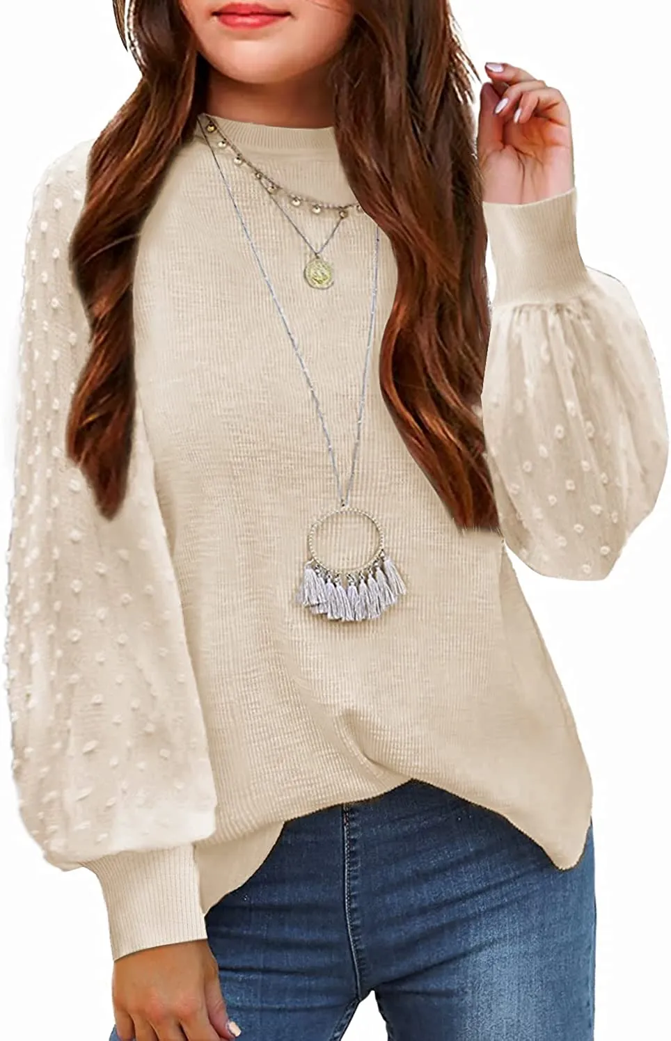 Arshiner Girls Puff Long Sleeve Sweaters Lace Polka Dot Knit Tops