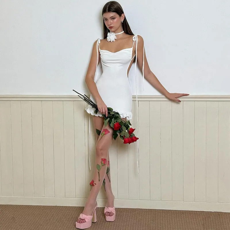 Backless folds lace up dress