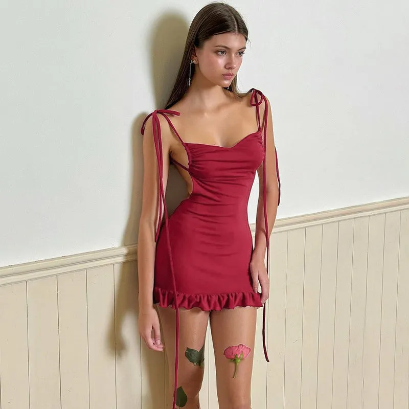 Backless folds lace up dress