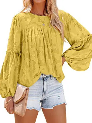 Bell Sleeve Crewneck Lace Floral Textured Babydoll Blouse