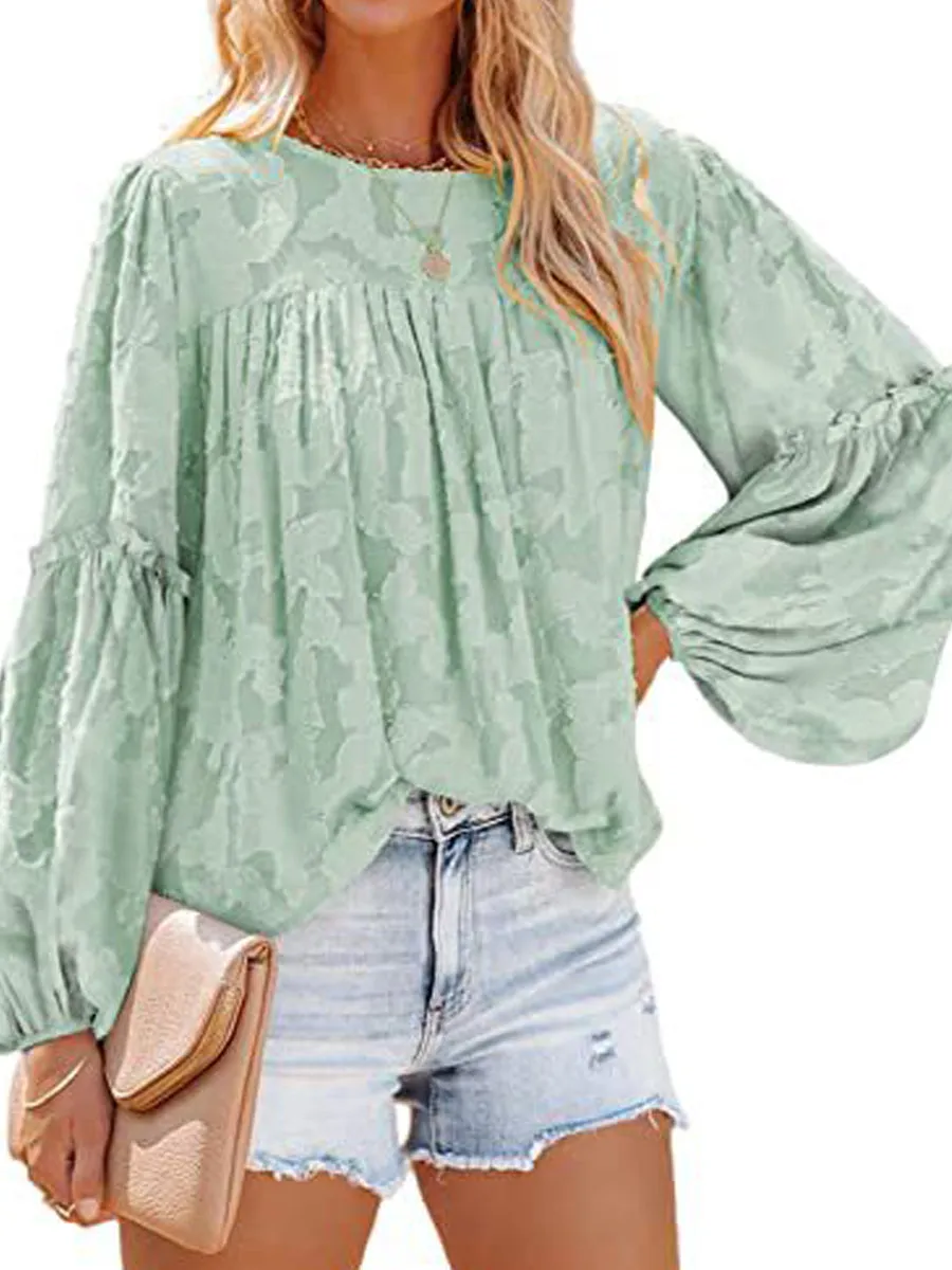 Bell Sleeve Crewneck Lace Floral Textured Babydoll Blouse