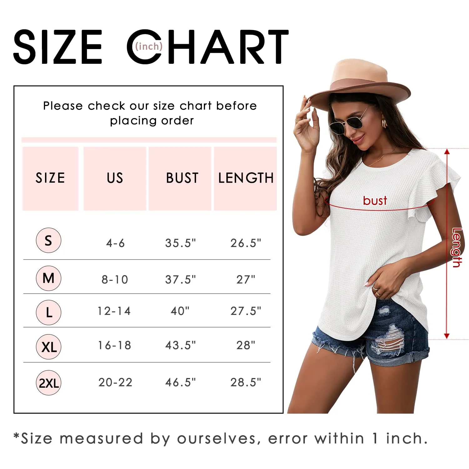 Black Ruffle Short Sleeve Top Waffle Knit Tunic Casual Blouse Round Neck Shirts Summer Tank Tops for Women - IWOLLENCE