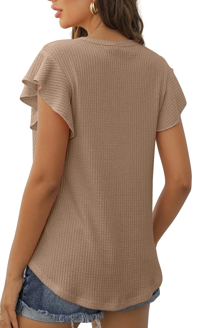 Black Ruffle Short Sleeve Top Waffle Knit Tunic Casual Blouse Round Neck Shirts Summer Tank Tops for Women - IWOLLENCE