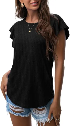 Black Ruffle Short Sleeve Top Waffle Knit Tunic Casual Blouse Round Neck Shirts Summer Tank Tops for Women - IWOLLENCE