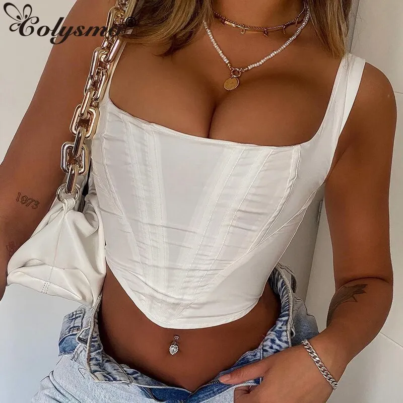 Boned Tank Top Zipper Bodycon 2 Layer Stretch Solid Color Square Neck Corset Top Women Summer Casual Crop Top Chic Cami