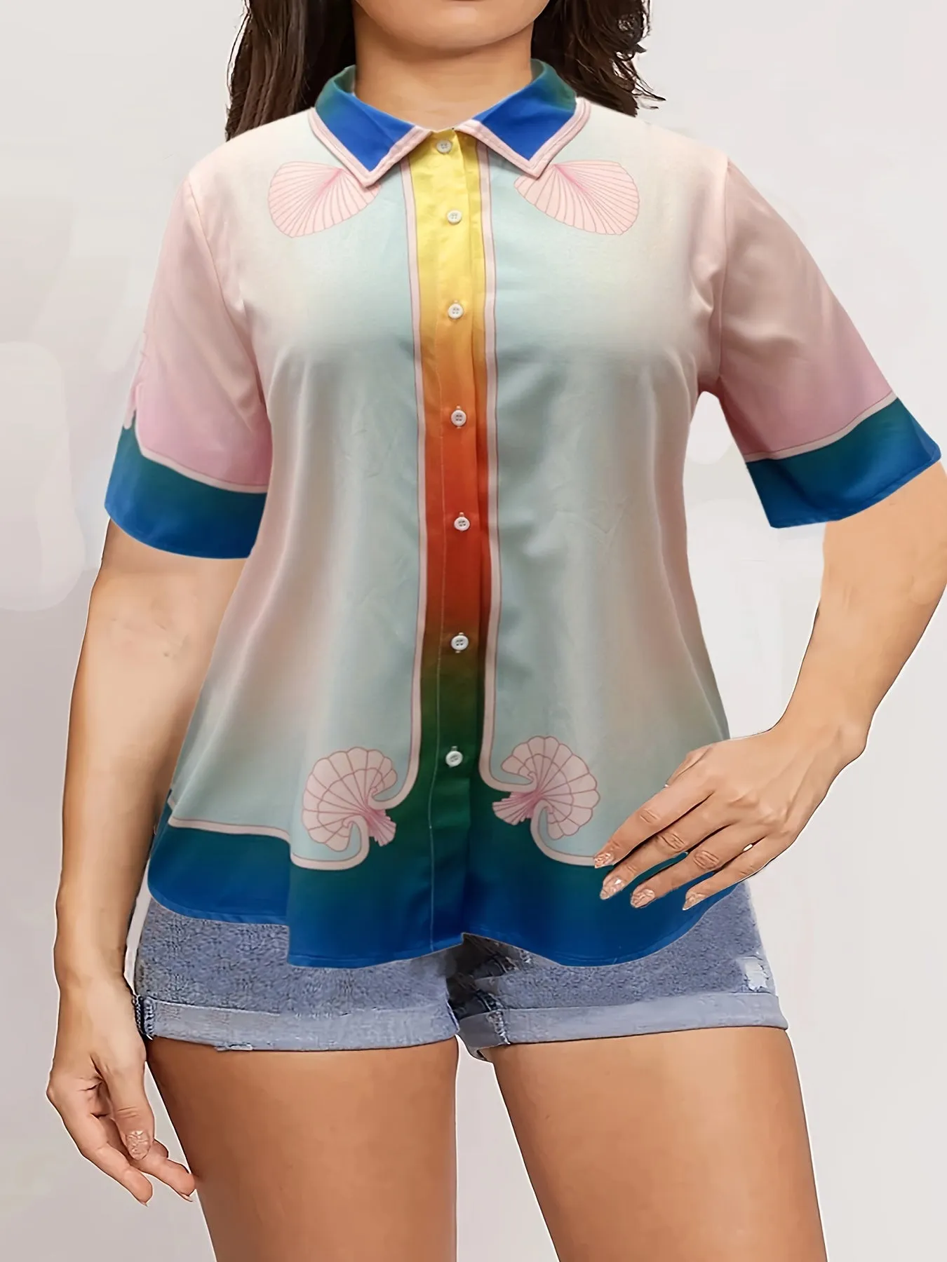 Button  Down Satin Color Print Blouse