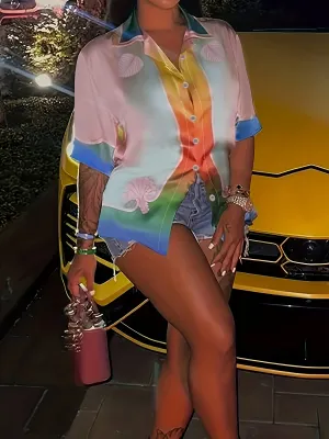 Button  Down Satin Color Print Blouse