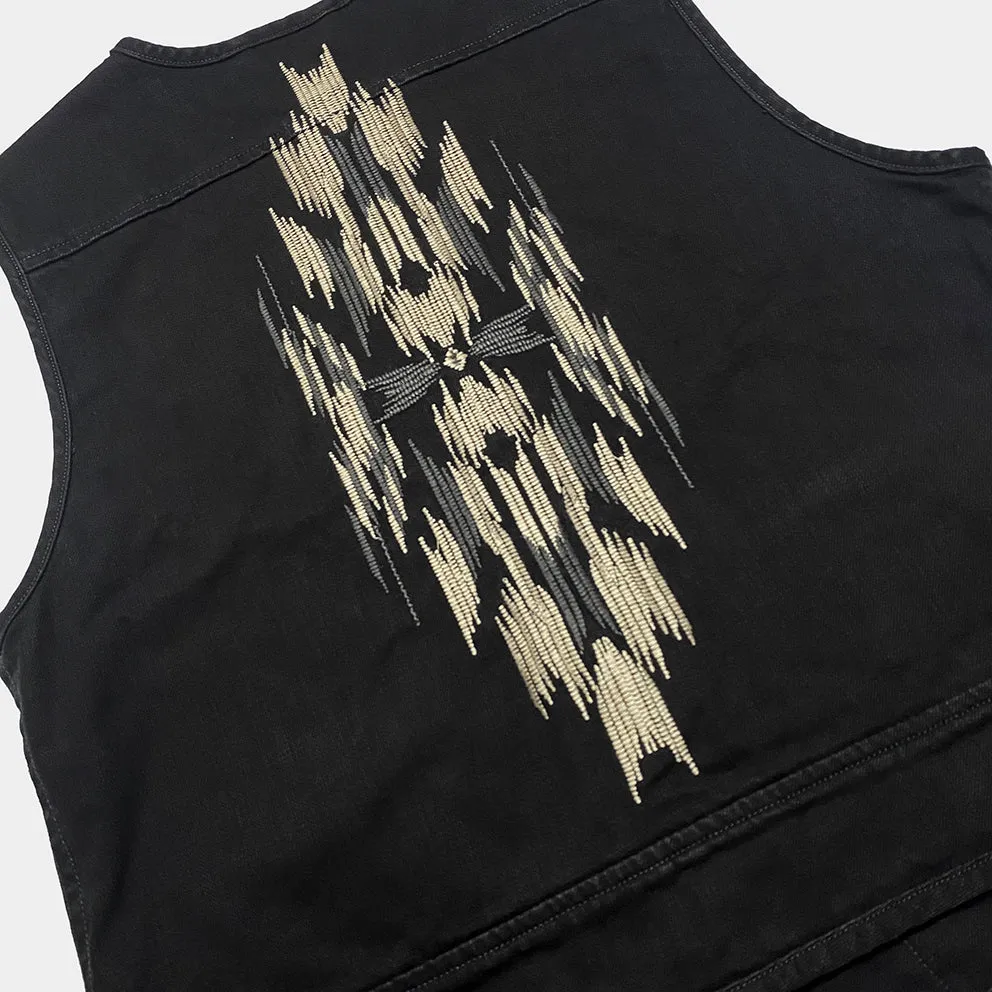 BZEN M.3203R-SILAS NAV-BB REGULAR FIT LINED VEST WITH NATIVE AMERICAN MOTIF BLACK DENIM-11OZ-E0 BLACK