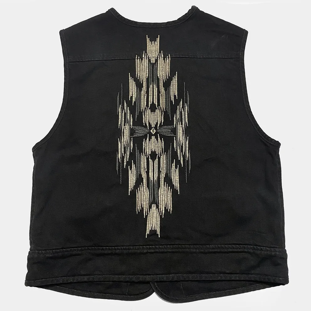 BZEN M.3203R-SILAS NAV-BB REGULAR FIT LINED VEST WITH NATIVE AMERICAN MOTIF BLACK DENIM-11OZ-E0 BLACK